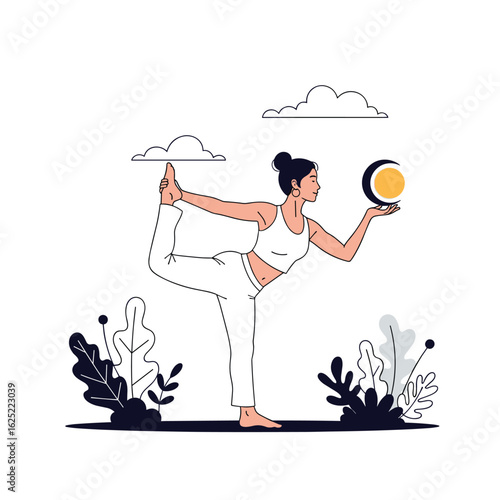 A woman performing yoga outdoors amidst plants and clouds holding a crescent moon