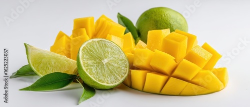 The vibrant arrangement of fresh mangoes and limes on a minimalist backdrop.