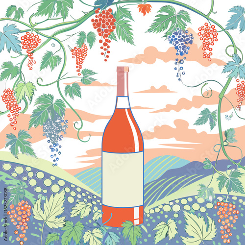 Wine bottle surrounded by grapevines in a vineyard landscape  