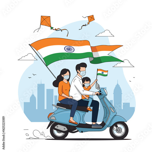 Indian family celebrates independence day riding scooter with national flag