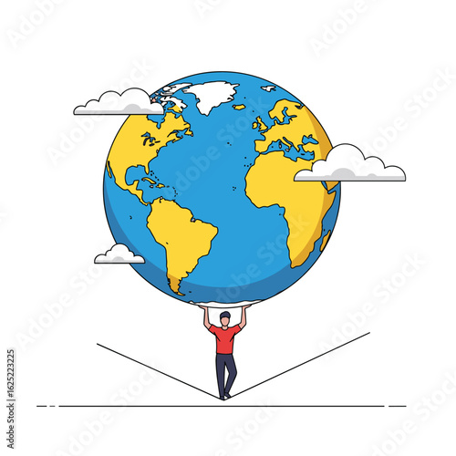 Man balancing world globe on tightrope with clouds above environmental responsibility