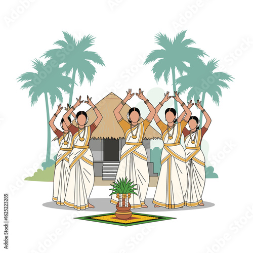 Traditional indian women performing classical dance with grace and elegance amidst tropical scenery