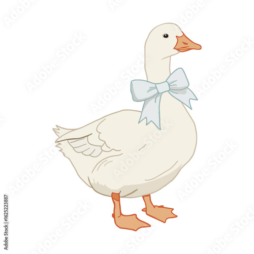 This image is a simple, cute illustration of a goose. The goose has an ivory body, orange beak and legs. It is decorated with a light blue bow tied around its neck, giving it.