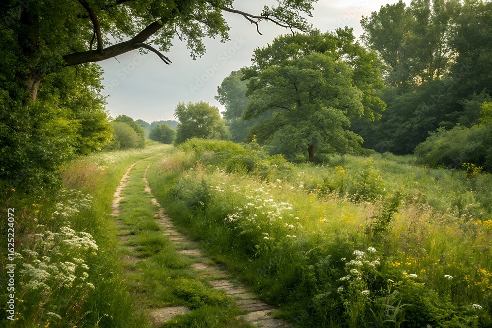 Fototapeta premium A winding dirt path through a lush green meadow with wildflowers and trees under a cloudy sky