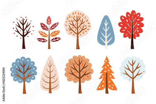 Stylized Forest Collection: A collection of charming, whimsical tree illustrations with detailed leaves in a variety of stylized designs, perfect for conveying the spirit of the season.