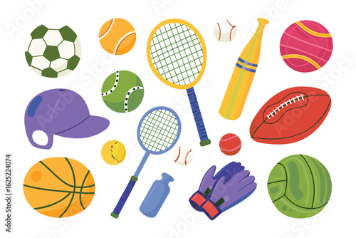Diverse Sport Icons: A vibrant assortment of iconic sports equipment, from the precision of tennis to the power of baseball, all are unified in a dynamic presentation.