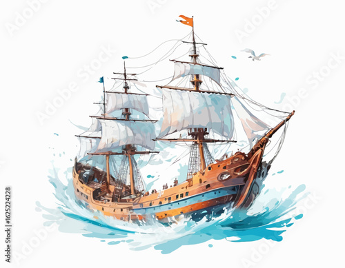 A red wooden sailing ship with a large hull, multiple masts, and white sails unfurled, cuts through turquoise waves, creating a splash of foam and spray 