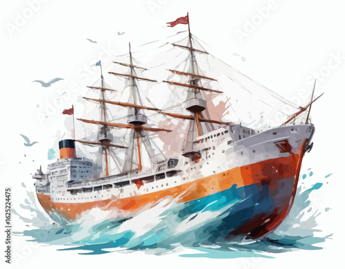 A red wooden sailing ship with a large hull, multiple masts, and white sails unfurled, cuts through turquoise waves, creating a splash of foam and spray.