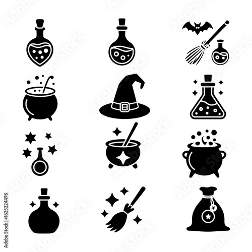 witchcraft and potion-themed Halloween icons featuring cauldrons, bats
