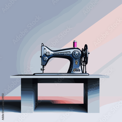 Vintage sewing machine on a table with colorful background  