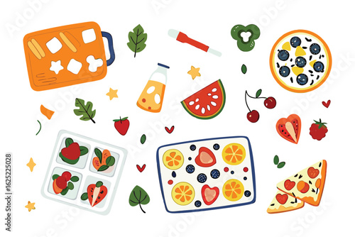 Healthy and colorful food elements in illustrations: Delicious pizza, sliced watermelon, strawberries, juicy oranges and a variety of foods on a display, representing a wholesome lifestyle