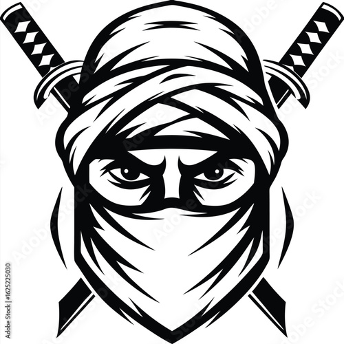 In striking monochrome, a fierce warrior stares out, swords crossed behind him