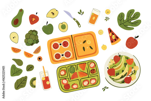 Healthy food composition in illustrations: A colorful and diverse composition, celebrating healthy eating with a top-down illustration of various fresh fruits and vegetables arranged to delight.