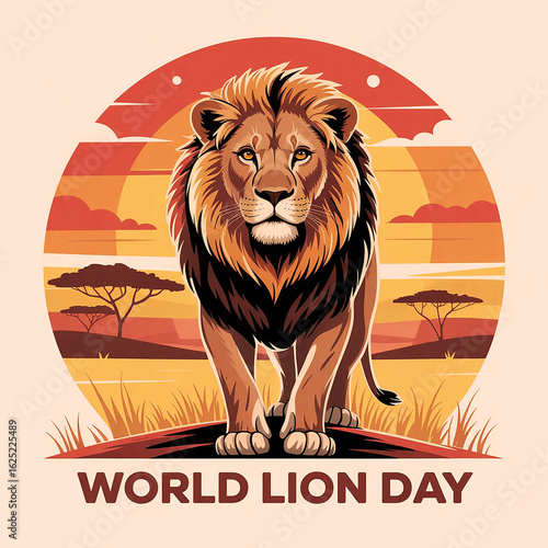 Majestic Lion Standing Illustration for World Lion Day with African Sunset