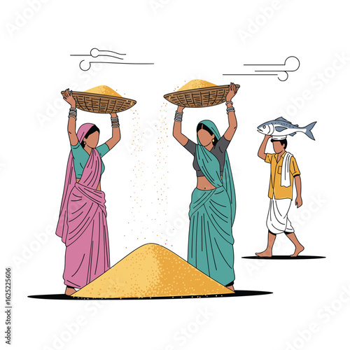 Women carrying baskets of grain and a man carrying fish in a rural setting