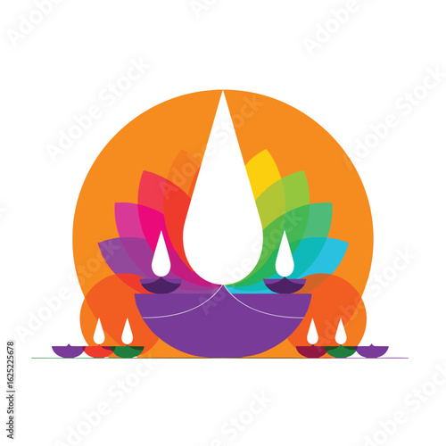 Vibrant festival of lights celebration with decorative oil lamps and floral motif
