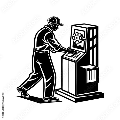 CNC Machine Operator Vector Illustration – Industrial Worker Using Computerized Machining Equipment for Manufacturing and Engineering Automation