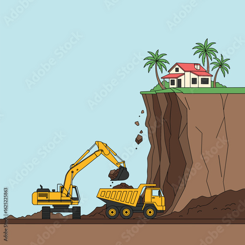 Excavator loading dirt into dump truck near cliffside house with palm trees