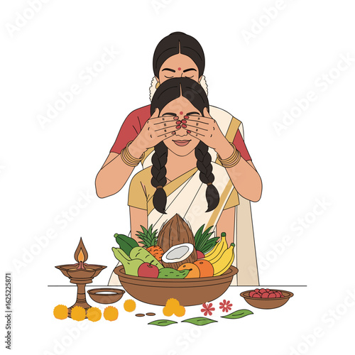 A mother gently covers her daughters eyes with her hands while awaiting a joyful surprise