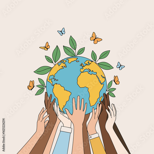 Diverse hands holding the planet with leaves and butterflies symbolizing growth and unity