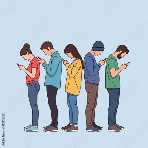 Five people stand in a line looking down at their phones absorbed in digital worlds