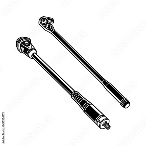 Vector Illustration of Ratchet Wrench Handles and Breaker Bars – Black and White Mechanical Tools for Automotive and Workshop Use