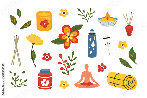 Serene Yoga & Spa Elements: A visual anthology of tranquility. This illustration presents a curated collection of spa and yoga related elements, fostering inner peace and relaxation. 