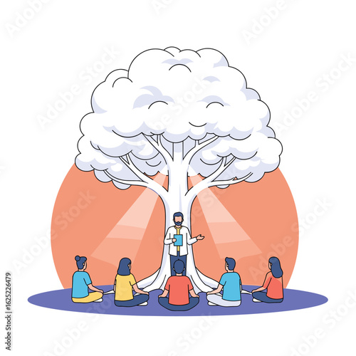 Wisdom tree guiding diverse people towards enlightenment and collective growth