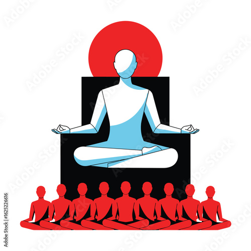 Spiritual leader meditating with followers gathered around in meditative poses for enlightenment