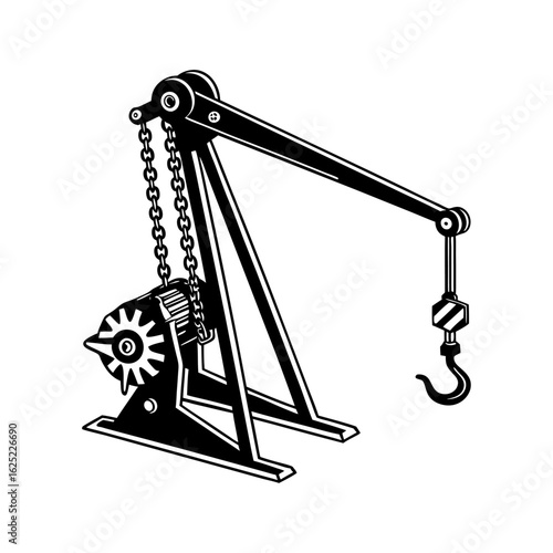 Manual Chain Hoist Crane Vector Illustration – Black and White Mechanical Gear Lifting Device for Industrial, Engineering, or Workshop Use