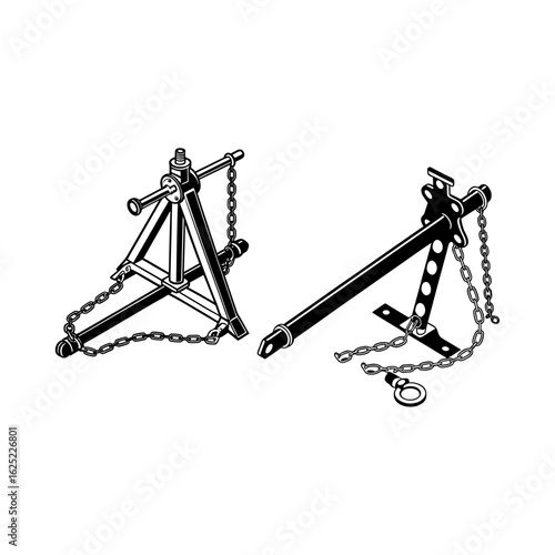 Three Point Hitch and Agricultural Tractor Implement Vector Illustration – Black and White Technical Drawing of Heavy-Duty Farm Equipment Parts with Chains and Mounting System