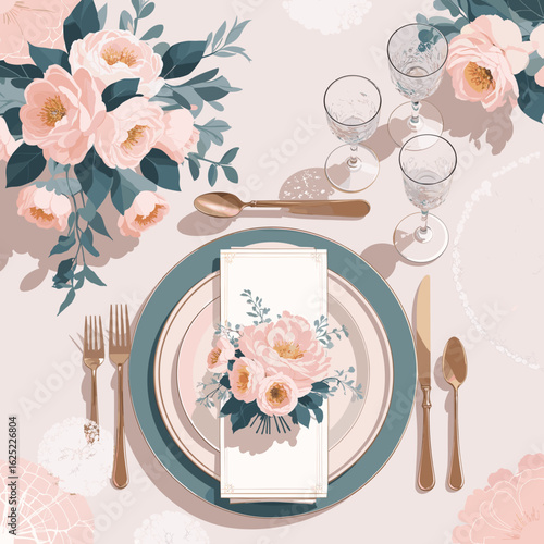 Elegant table setting with pink floral arrangement and cutlery  