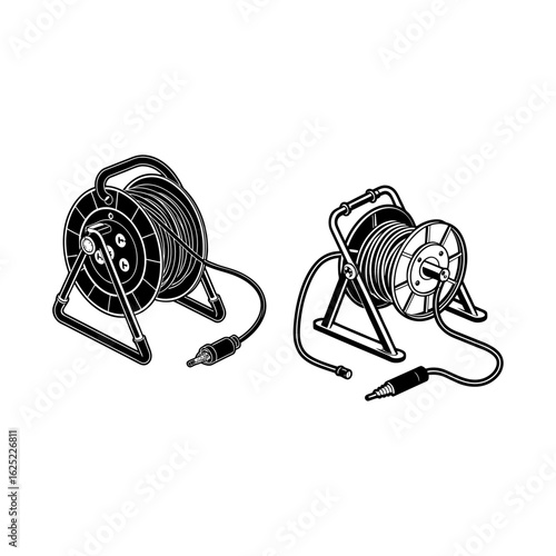 Detailed Vector Illustration of Electric Cable Reels and Extension Cords on Stand – Black and White Technical Drawing of Coiled Wire, Power Supply Equipment, and Electrical Utility Tools for Industria