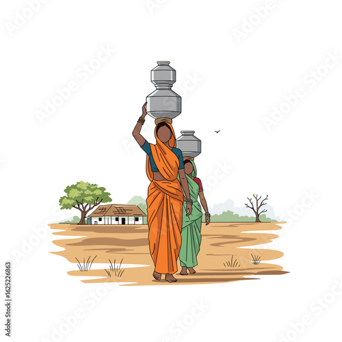 Rural indian women carrying water pots home through dry landscape