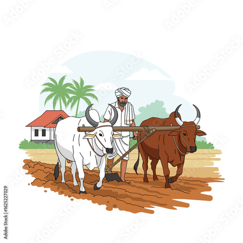 Farmer cultivating a field with two oxen under palm trees near a house