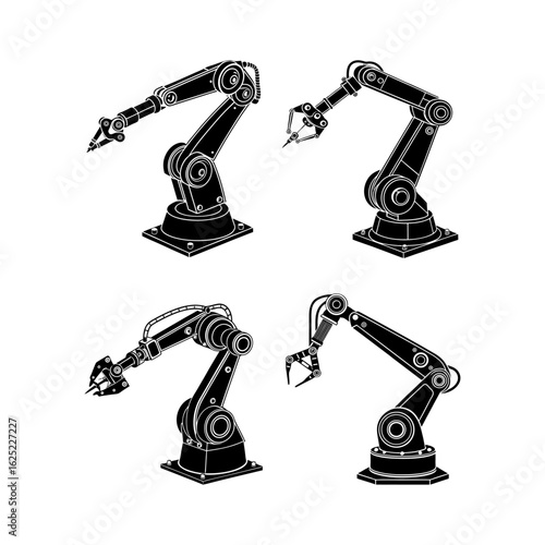 Black and White Vintage Vector Illustration Set of Industrial Robotic Arms for Automation, Manufacturing, and Mechanical Engineering Concepts