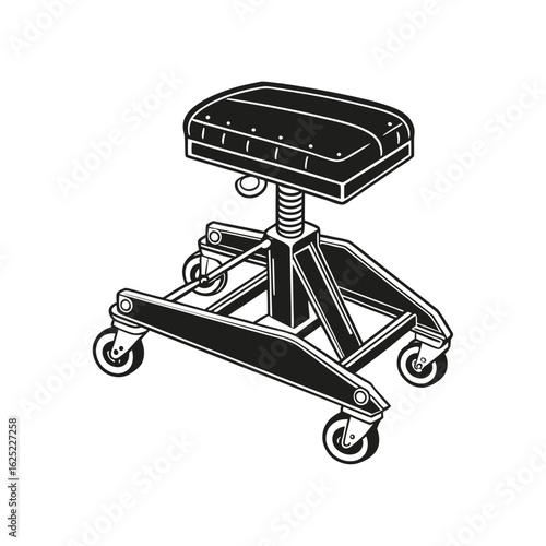 Detailed Black and White Vintage Illustration of a Rolling Mechanic Stool with Casters – Ideal for Garage Equipment, Workshop Furniture, and Auto Repair Concepts