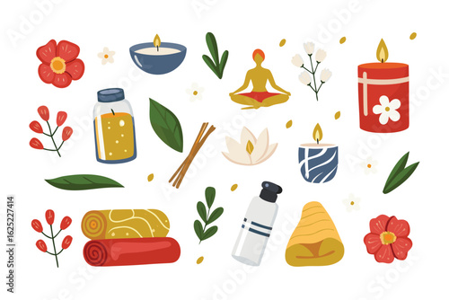 Serene Wellness Elements: A collection of artistic elements including candles, plants, essential oil bottles, and yoga mats that promotes relaxation and well-being.