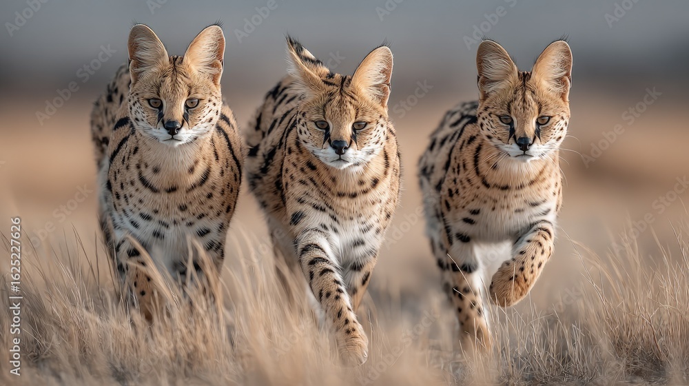 Fototapeta premium Three playful servals frolicking joyously across grasslands manes flowing freely exotic pet