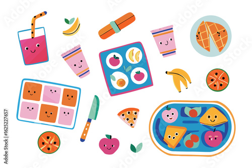 Playful Breakfast Selection: Delightful cartoon illustrations showcase a vibrant assortment of breakfast treats, a cheerful spread with smiling food elements that bring the warmth of morning.