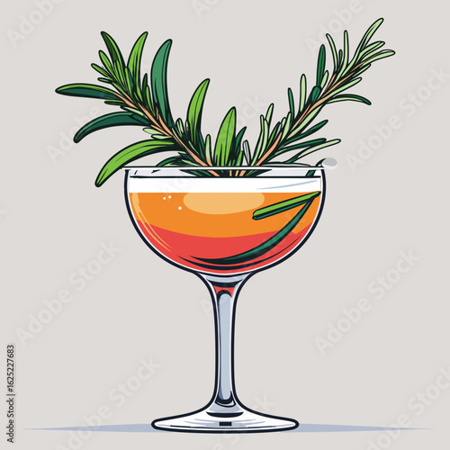 Cocktail glass with rosemary garnish on neutral background  