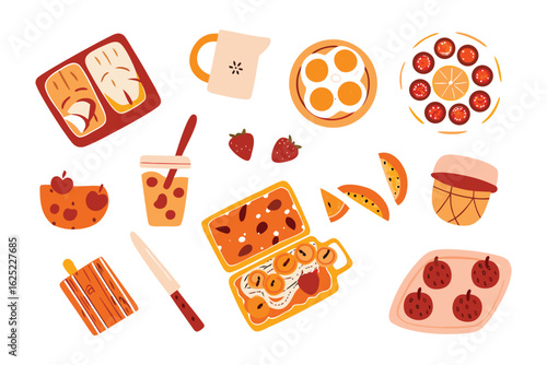 Delightful Culinary Collection: An assortment of vibrantly illustrated breakfast and dessert elements, inviting viewers to a delectable visual feast and a reminder of home