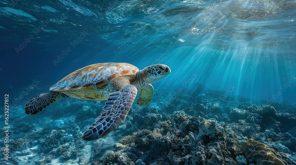Fototapeta premium A sea turtle gliding through crystal-clear ocean waters reptiles in their serene underwater world sun rays piercing through