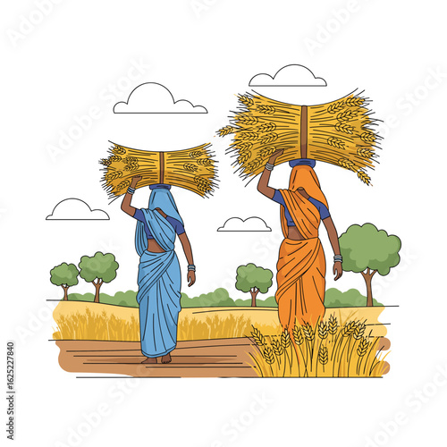 Rural women carrying harvested crops across a field with trees and clouds overhead