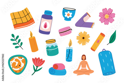 Foto Serenity and Self-care: An illustrated collection of spa elements and wellness items arranged to invoke feelings of tranquility, relaxation, and the gentle pleasures of self-care