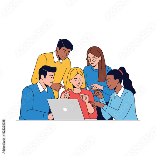 Diverse team members collaborating effectively around a laptop showing a project