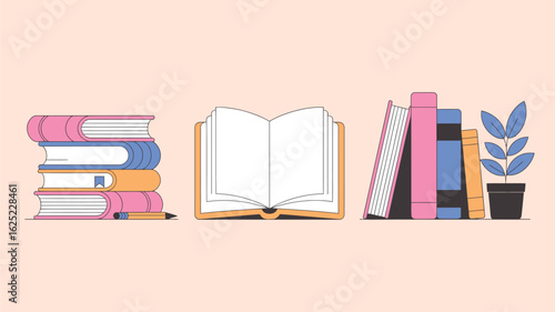 Vector art of stack of books and open book with plant on shelf, flat illustration