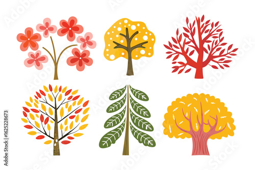 Artistic Tree Collection: A vibrant assortment of stylized trees showcases diverse forms and color palettes, a perfect asset for any creative endeavor. 