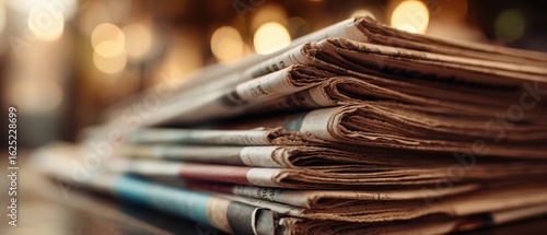 The vintage stack of newspapers illuminating the warmth of traditional media.