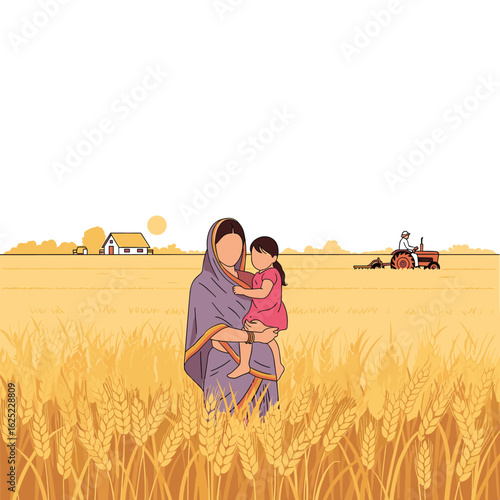 Generations of farmers tending golden wheat fields under a warm sun